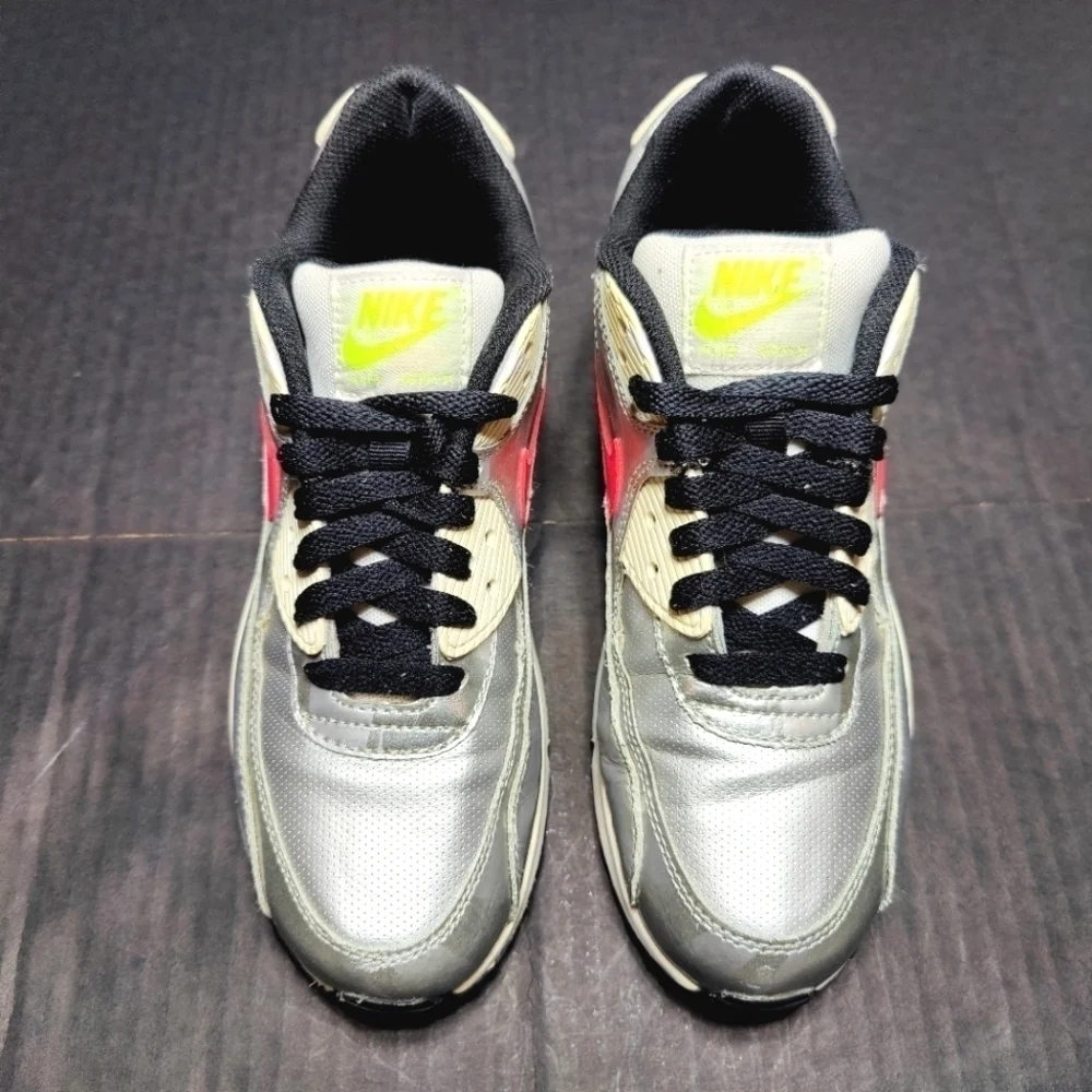 Nike Air Max 90 Metallic Silver Pink Neon Women's Big Girl Size 6.5Y